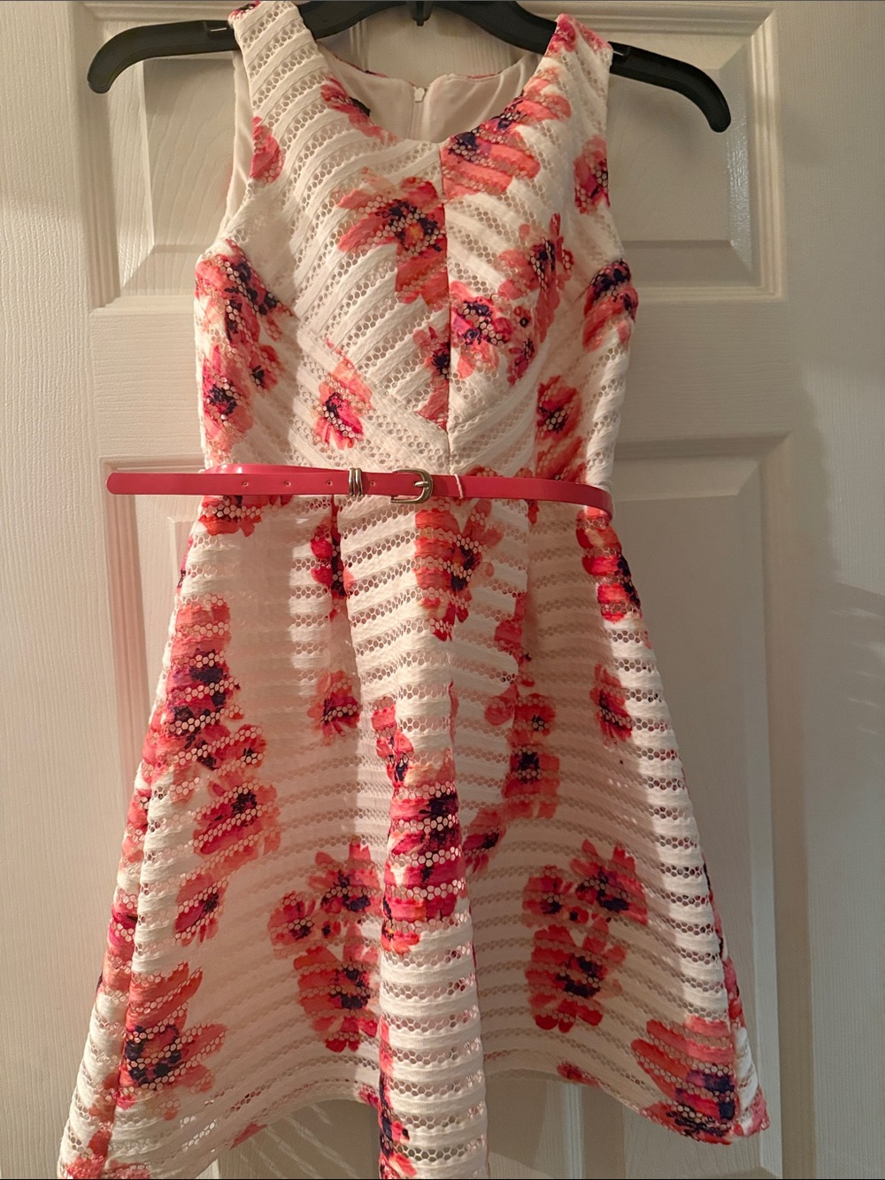 BCX White Dress with Coral Floral Print and Pink Belt